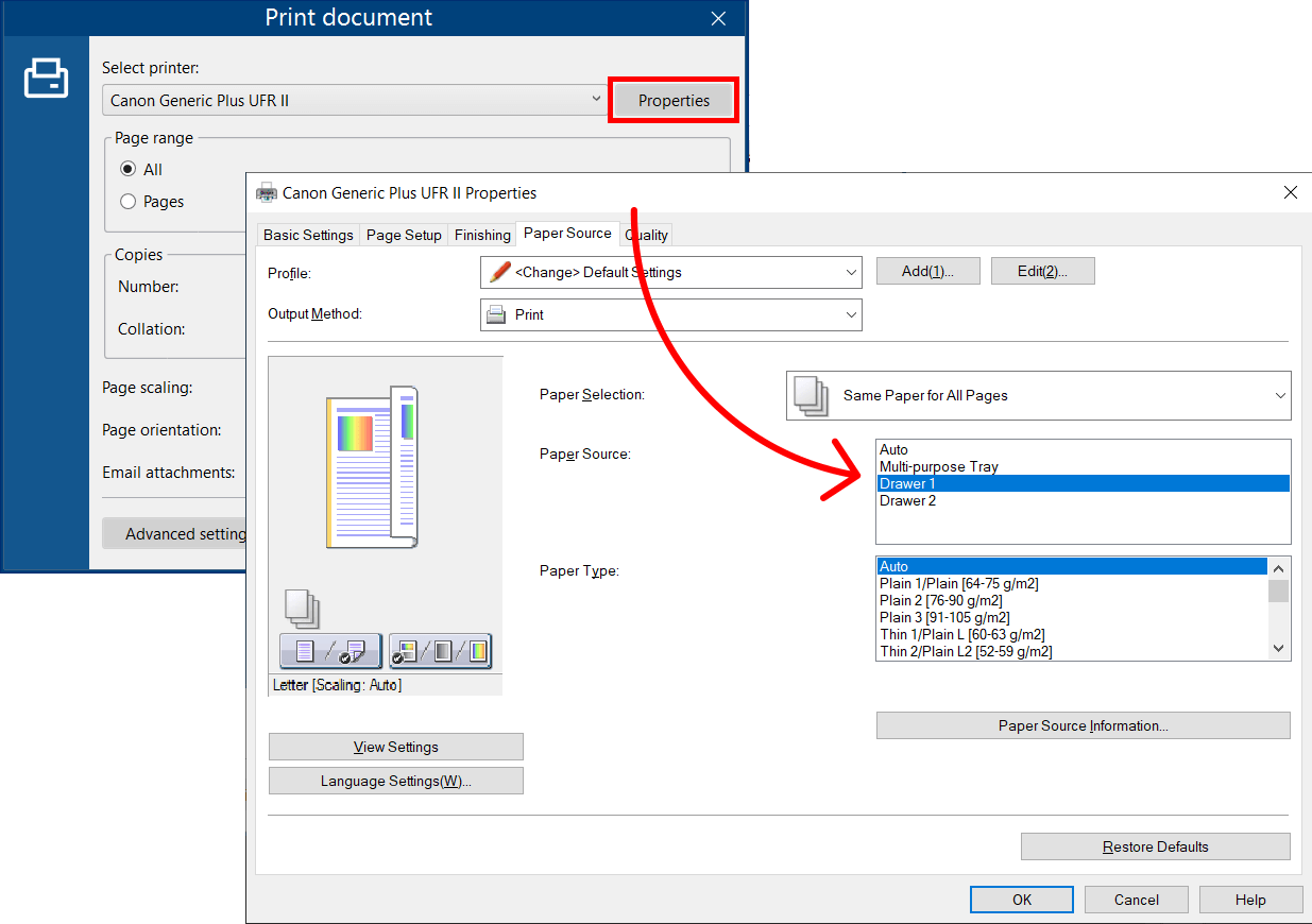 Select Paper Source in Printer Properties - FolderMill