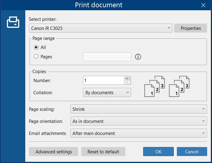 "Print document" action parameters in FolderMill 