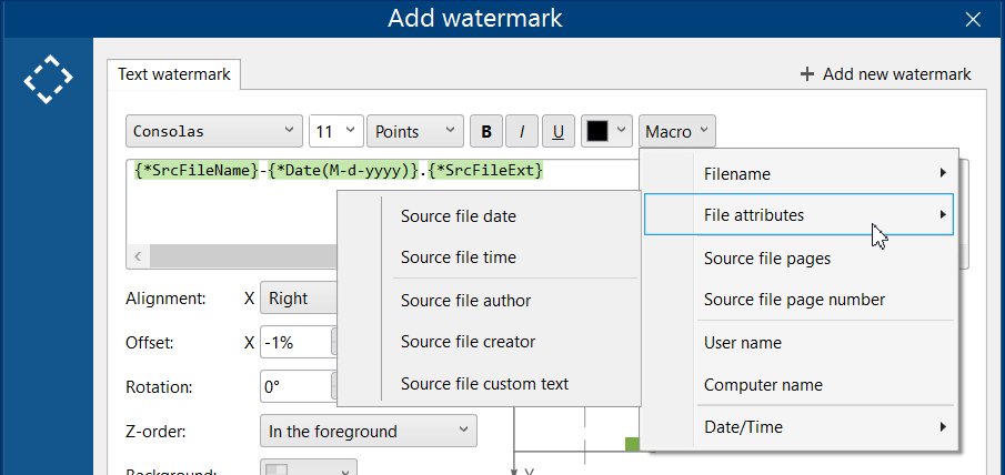 Macro dropdown menu