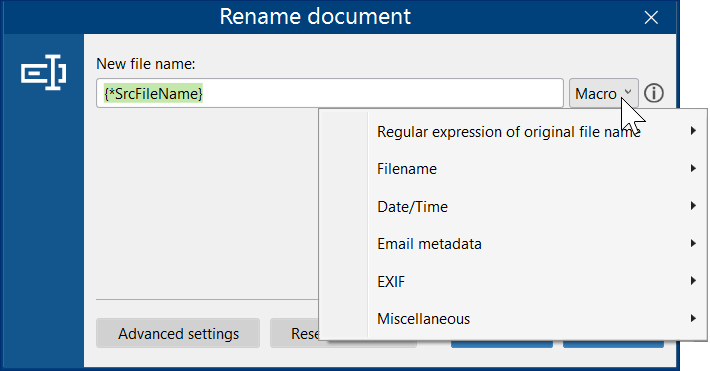 “Rename document” Action in FolderMill allows to set a new filename using built-in macros